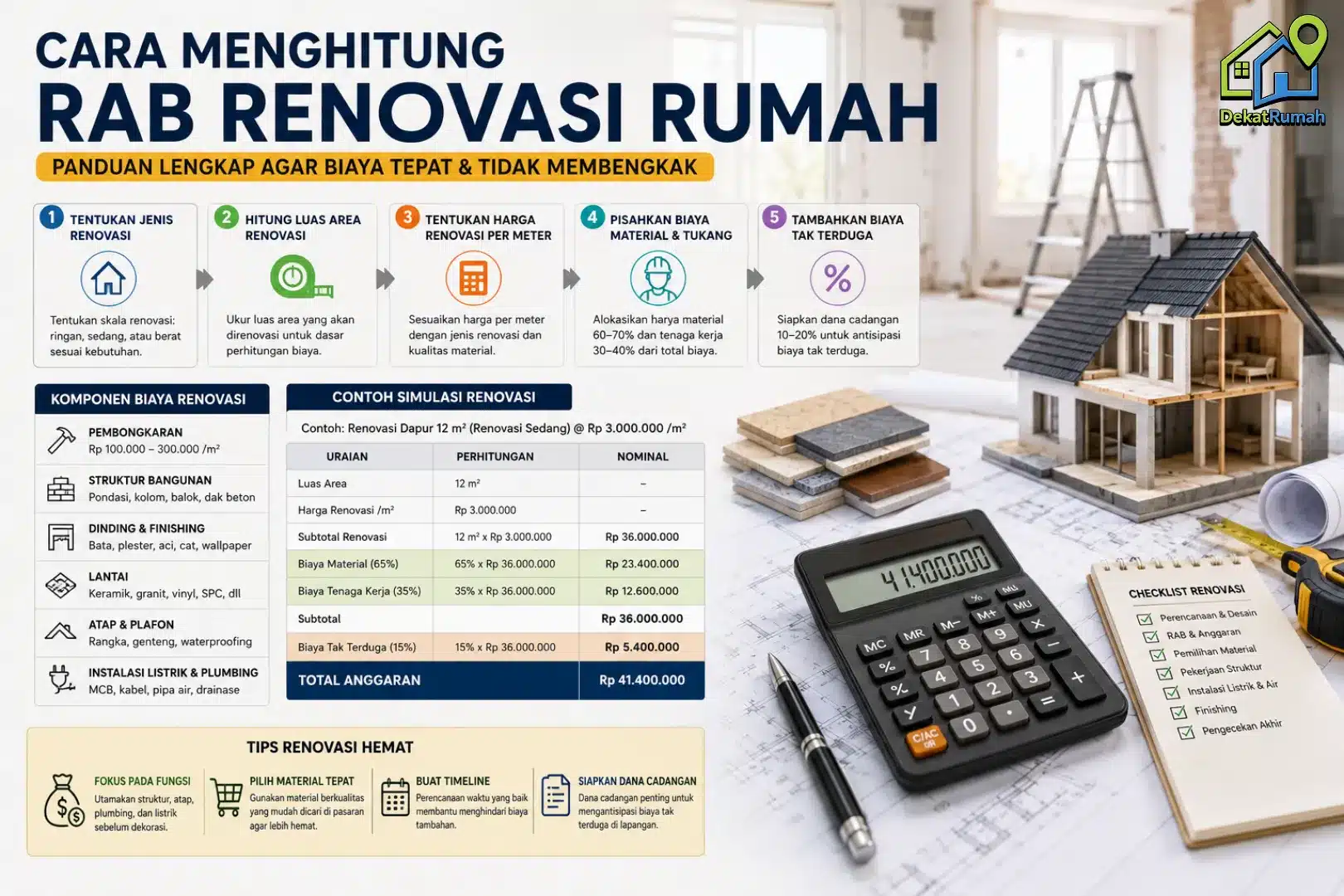 Infografis simulasi biaya dan langkah menghitung RAB renovasi rumah